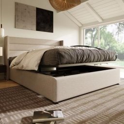 Lit coffre double adulte 180 x 200 cm, Tissu en lin, Sommier à lattes inlcus, Style contemporain,