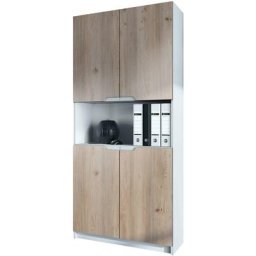 Vladon - Armoire de bureau haute Rangement Logan V2 Blanc mat - haute brillance - Façades en Chêne