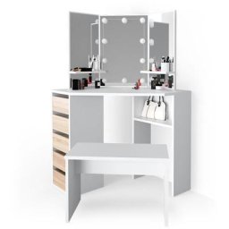 Coiffeuse d'angle ""Arielle"" Blanc/Chêne avec banc et éclairage led Vicco