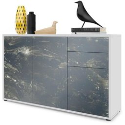 Commode Armoire Dressoir Crédence Ben V3 Blanc mat - haute brillance - Façades en Marbre Graphite