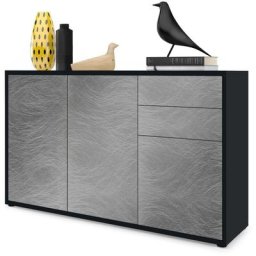 Vladon - Commode Armoire Dressoir Crédence Ben V3 Noir mat - haute brillance - Façades en Metal