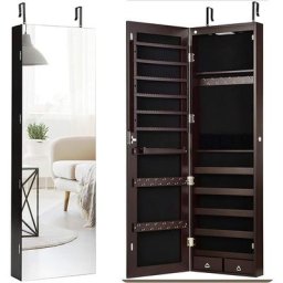 Armoire à Bijoux Suspendue Verrouillable avec Miroir hd Plein et Éclairage LED,Organisateur de