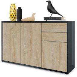 Commode Armoire Dressoir Crédence Ben V3 Noir mat - haute brillance - Façades en Chêne brut Corps