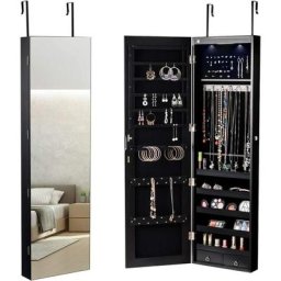 Armoire à Bijoux Suspendue Verrouillable avec Miroir hd Plein et Éclairage LED,Organisateur de