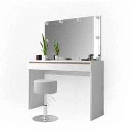 Coiffeuse ""Emma"" Blanc/Chêne clair avec tabouret et éclairage led Vicco