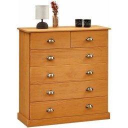 Commode paris meuble de chambre avec rangement 6 tiroirs, en pin massif lasuré brun - Finition
