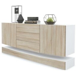 Buffet Commode Dressoir Crédence City en Blanc - haute brillance & tons naturels - Portes en Chêne