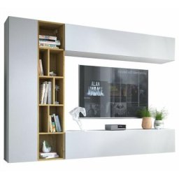 Mobilier1 - Rangement de salon Miami 325, Blanc + Chêne artisanal, Avec table de tv, Pièces