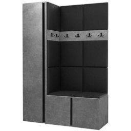 Ensemble entrée Miami 393, Béton + Noir, 186x124x44cm, Noir, Béton, Stratifié, Faux cuir, Mural,