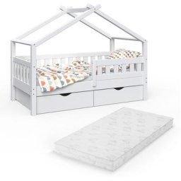 Lit cabane ""Design"" 160x80cm Blanc avec matelas et 2 tiroirs Vitalispa