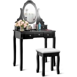 Ensemble Coiffeuse et Tabouret avec Dessus Amovible, Miroir Pivotant à 360° et 5 Tiroirs, 80 x 40,5