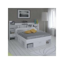 Lit 140x190/200 + tête de lit avec rangements Blanc - ara - lit : l 147 x l 203 x h 75 cm - Tête de