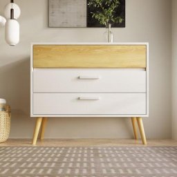 Commode design bicolore - 3 tiroirs, pieds en bois massif - pour salle à manger, chambre, salon