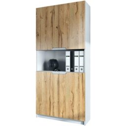 Vladon - Armoire de bureau haute Rangement Logan V2 Blanc mat - haute brillance - Façades en Chêne