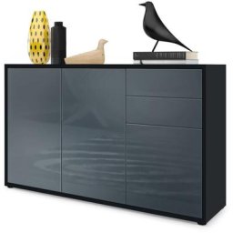 Commode Armoire Dressoir Crédence Ben V3 Noir mat - haute brillance - Façades en Gris haute