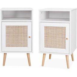 Lot de 2 tables de chevet en cannage - Bohème - 40x39x65.8cm Blanc - 2 niveaux - 1 portes - 1