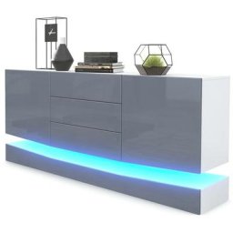 Buffet Commode Dressoir Crédence City en Blanc - haute brillance & tons naturels - Façades en Gris