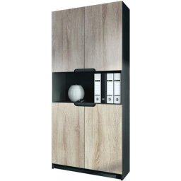 Vladon - Armoire de bureau haute Rangement Logan V2 Noir, haute brillance & tons naturels - Portes