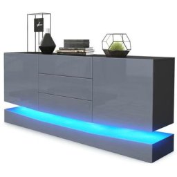 Buffet Commode Dressoir Crédence City en Noir - haute brillance & tons naturels - Façades en Gris