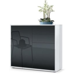 Commode Armoire Dressoir Crédence Ben Blanc mat, haute brillance & tons naturels - Façades en Noir