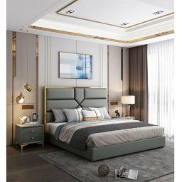 Lit Coffre Design Effet Laiton Dalia - Gris - 140x190, Polyuréthane, Style Art déco, 203 x 150 x