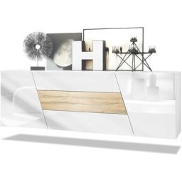 Buffet Commode Dressoir Crédence Houston pendaison Blanc mat - haute brillance - Chêne Nature sans