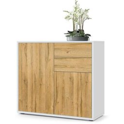 Commode Armoire Dressoir Crédence Ben Blanc mat, haute brillance & tons naturels - Façades en Chêne