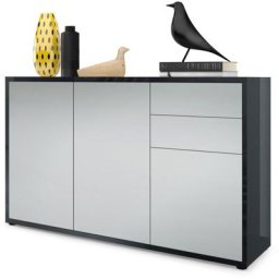 Vladon Commode Armoire Dressoir Crédence Ben V3 Noir mat - haute brillance - Façades en Gris clair