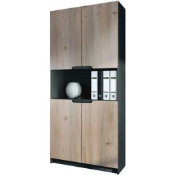 Vladon - Armoire de bureau haute Rangement Logan V2 Noir, haute brillance & tons naturels - Façades