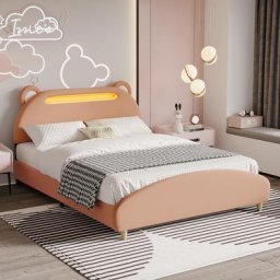 Lit double capitonné 140x200 cm - avec tête de lit en forme de tête d'ours, bandeau led, sommier à
