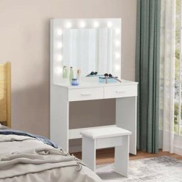 Coiffeuse avec Miroir et Ampoules, Table de Maquillage, Ensemble de Coiffeuse avec 3 lumières led