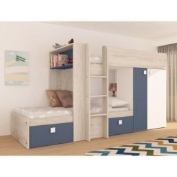 Lits superposés Alvin pour deux enfants Bleu fumé Chêne et Blanc mat avec armoire et base de lit