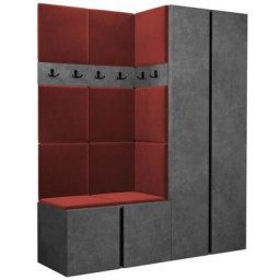 Ensemble entrée Hartford 266, Béton + Noir, 186x158x46cm, Rouge, Béton, Stratifié, Tapisserie,