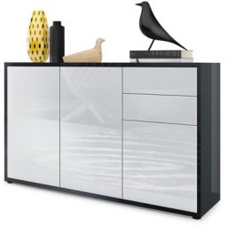 Commode Armoire Dressoir Crédence Ben V3 Noir mat - haute brillance - Façades en Blanc haute