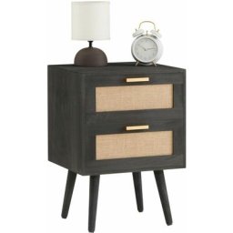 Table de chevet waman petite commode de nuit avec 2 tiroirs, en bois de paulownia lasuré noir et