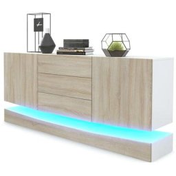 Buffet Commode Dressoir Crédence City en Blanc - haute brillance & tons naturels - Portes en Chêne