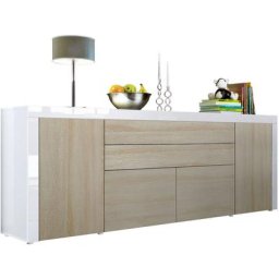 Buffet Commode Dressoir Crédence La Paz V2 Blanc, haute brillance, tons naturels - Chêne brut /
