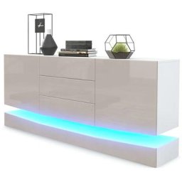 Buffet Commode Dressoir Crédence City en Blanc - haute brillance & tons naturels - Façades en Gris