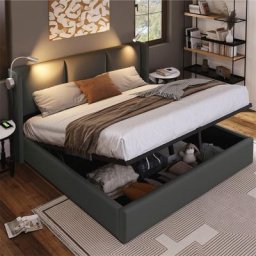 Lit Coffre de rangement - Lit adulte en Lin + Lampe de Lecture avec fonction de Chargement usb +