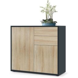 Commode Armoire Dressoir Crédence Ben Noir mat - haute brillance & tons naturels - Façades en Chêne