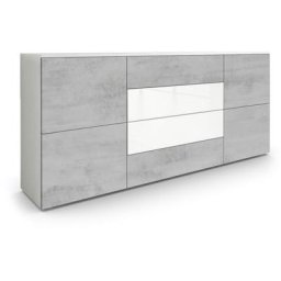 Buffet Commode Dressoir Crédence Rova en Blanc - haute brillance & tons naturels - Aspect Béton