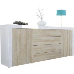 Buffet Commode Dressoir Crédence La Paz V1 Blanc, haute brillance, tons naturels - Chêne brut /