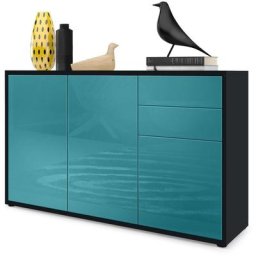 Commode Armoire Dressoir Crédence Ben V3 Noir mat - haute brillance - Façades en Turquoise haute