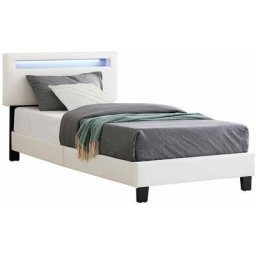 Lit led simple 90x190 cm avec sommier, tête de lit réglable en hauteur, en synthétique blanc, evan