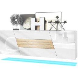 Buffet Commode Dressoir Crédence Houston pendaison Blanc mat - haute brillance - Chêne Nature avec