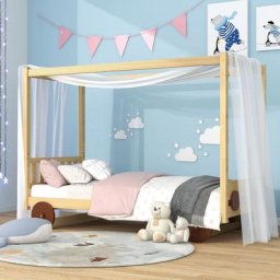 Merax - Lit cabane enfant 90x200cm en forme de voiture avec roues et rideaux de lit, Cadre en pin,