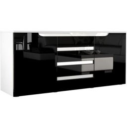 Buffet Commode Dressoir Crédence Sylt en Blanc - haute brillance & tons naturels - Noir haute