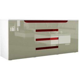Buffet Commode Dressoir Crédence Sylt en Blanc - haute brillance & tons naturels - Gris sable /