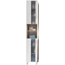 Porto Armoire haute salle de bain, 2 portes, 2 compartiments ouverts, imitation chêne, blanc, verre