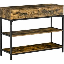Console table d'appoint design industriel 2 tiroirs 2 étagères métal noir panneaux particules